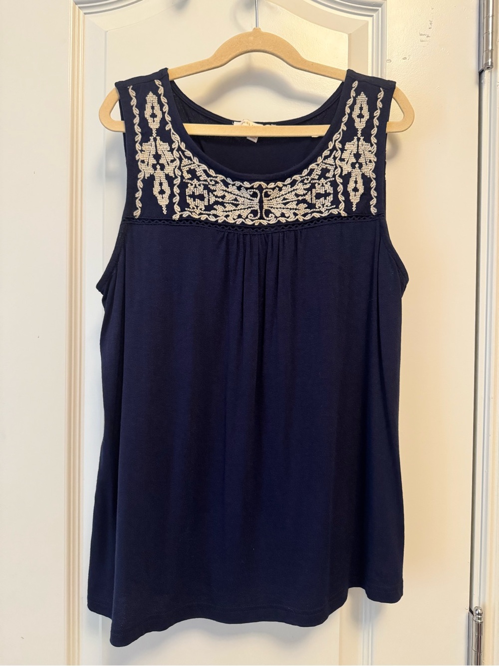 Skies Are Blue Navy Tank with Cream Embroidered Yoke